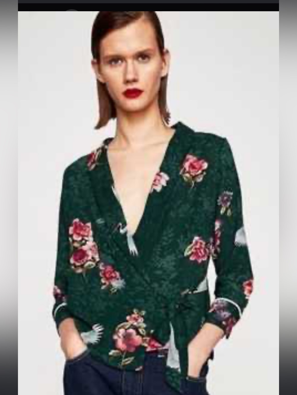 Title: Zara Basic Green Crane Floral Wrap Blouse Tie Front Size Small Asian Boho